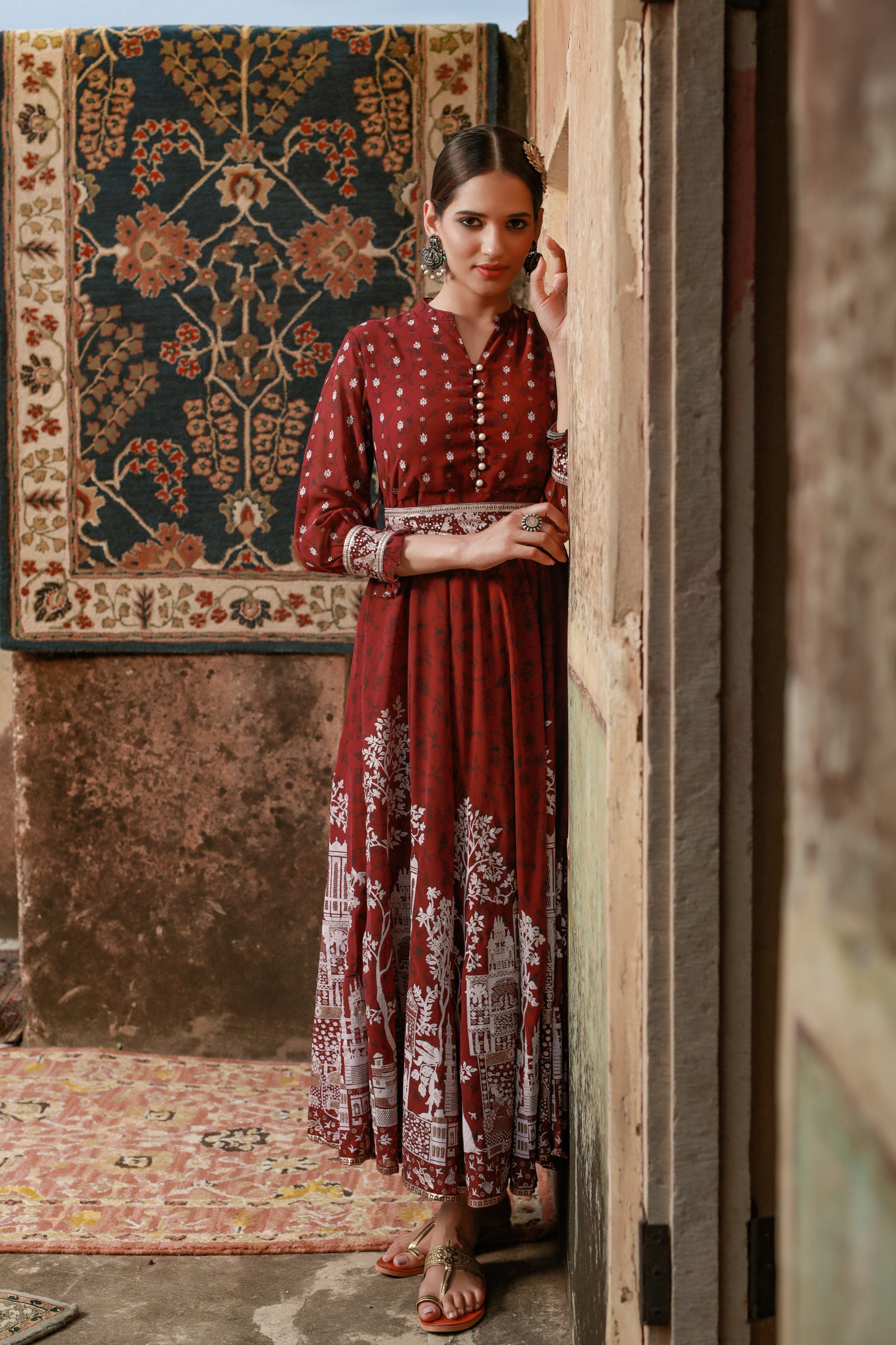 Juniper Women Wine Georgette Printed Flared Dress - Distacart