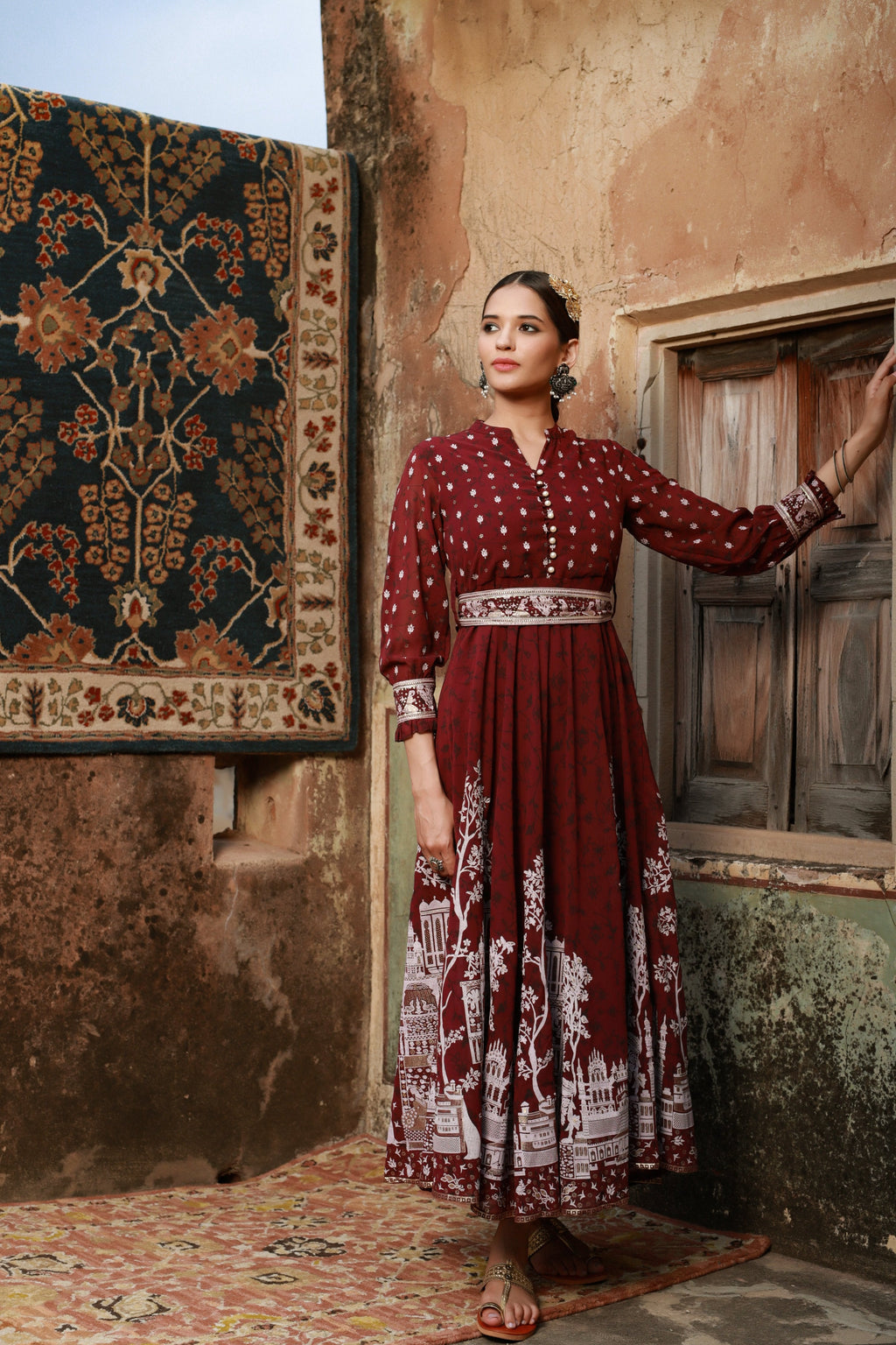 Juniper Women Wine Georgette Printed Flared Dress - Distacart