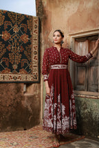 Juniper Women Wine Georgette Printed Flared Dress - Distacart