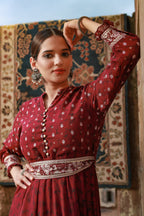 Juniper Women Wine Georgette Printed Flared Dress - Distacart