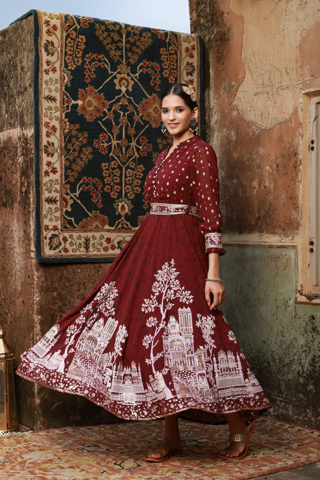 Juniper Women Wine Georgette Printed Flared Dress - Distacart