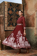 Juniper Women Wine Georgette Printed Flared Dress - Distacart
