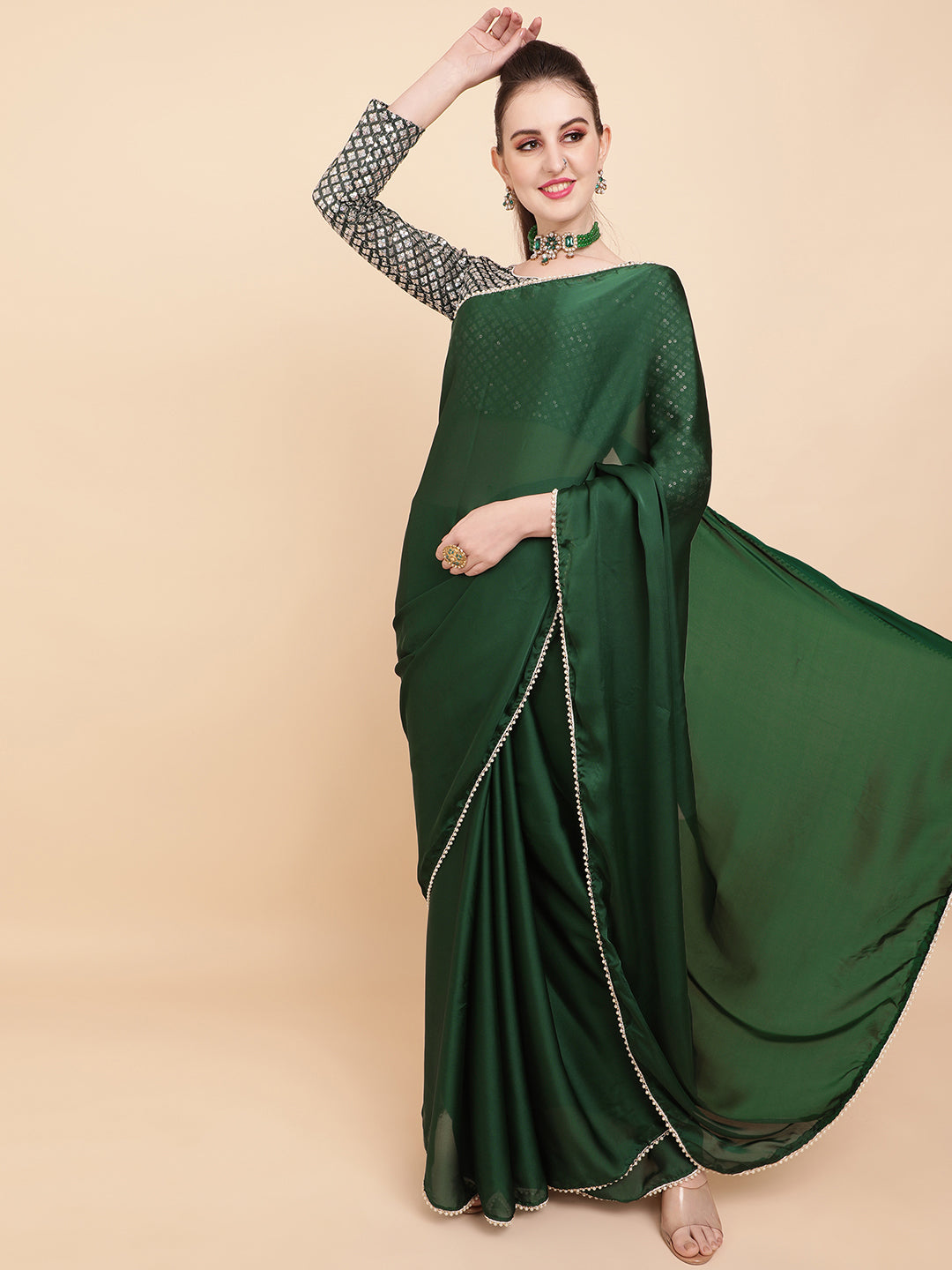 Sangria Green Sequinned Satin Saree - Distacart