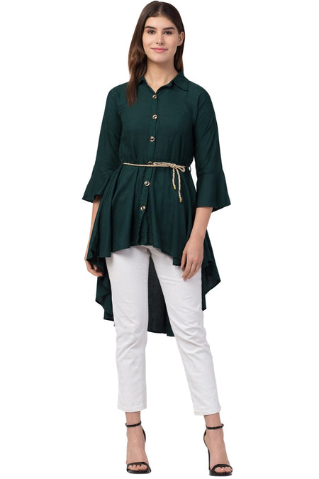 PAVONINE Bottle Green Color High-Low Midi For Girls
