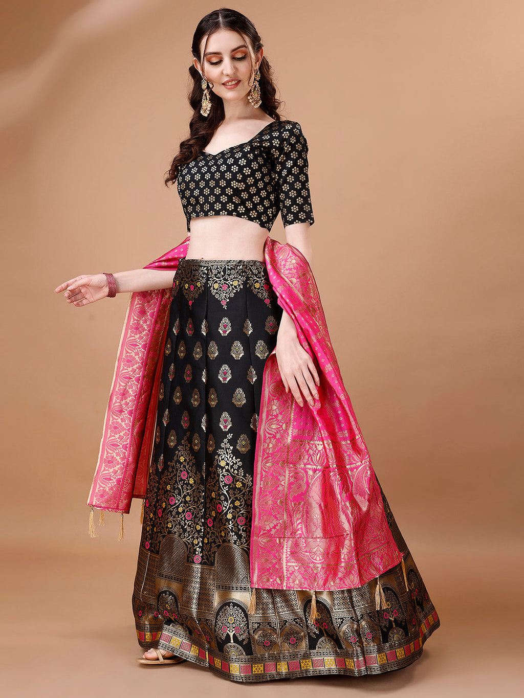 Lorenvalley Fashion Black & Pink Semi-Stitched Lehenga & Unstitched Blouse With Dupatta