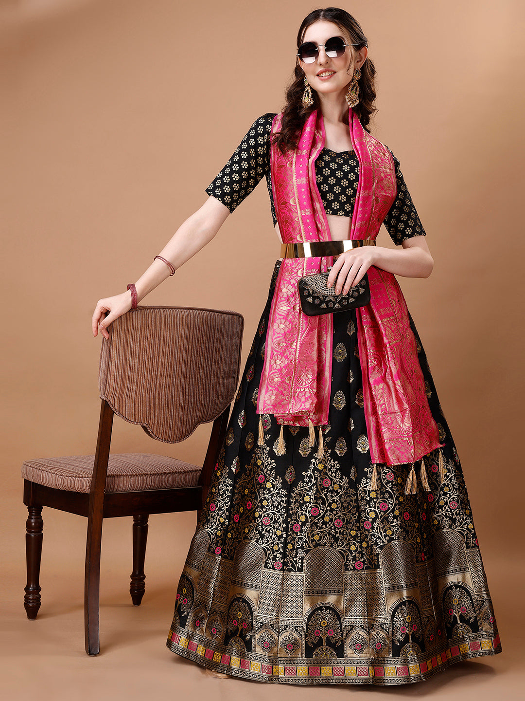 Lorenvalley Fashion Black & Pink Semi-Stitched Lehenga & Unstitched Blouse With Dupatta