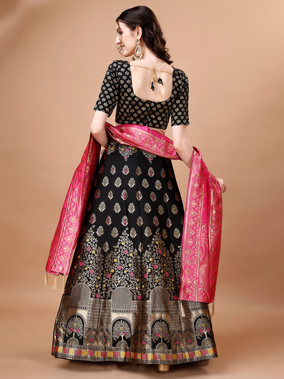 Lorenvalley Fashion Black & Pink Semi-Stitched Lehenga & Unstitched Blouse With Dupatta