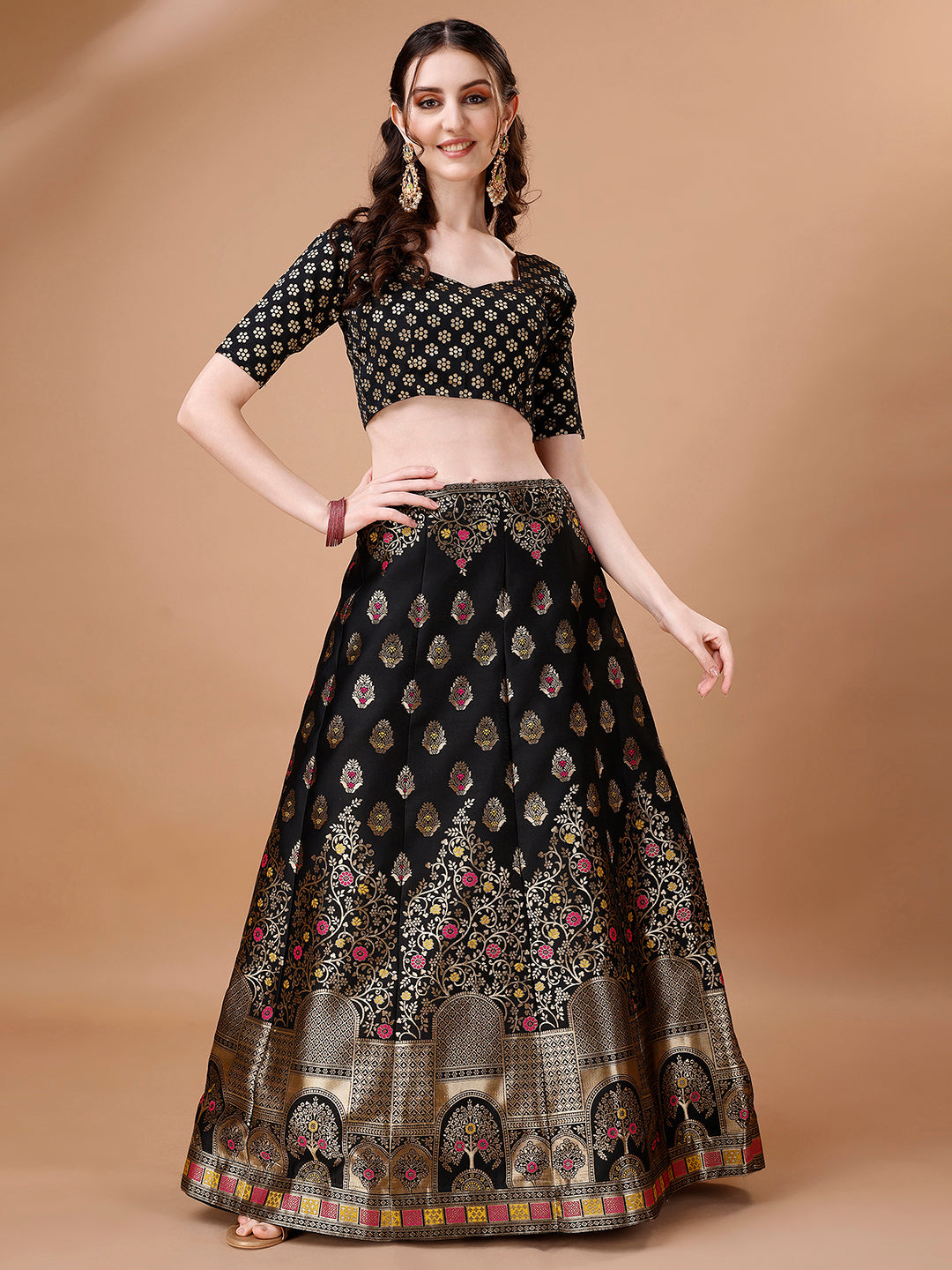 Lorenvalley Fashion Black & Pink Semi-Stitched Lehenga & Unstitched Blouse With Dupatta