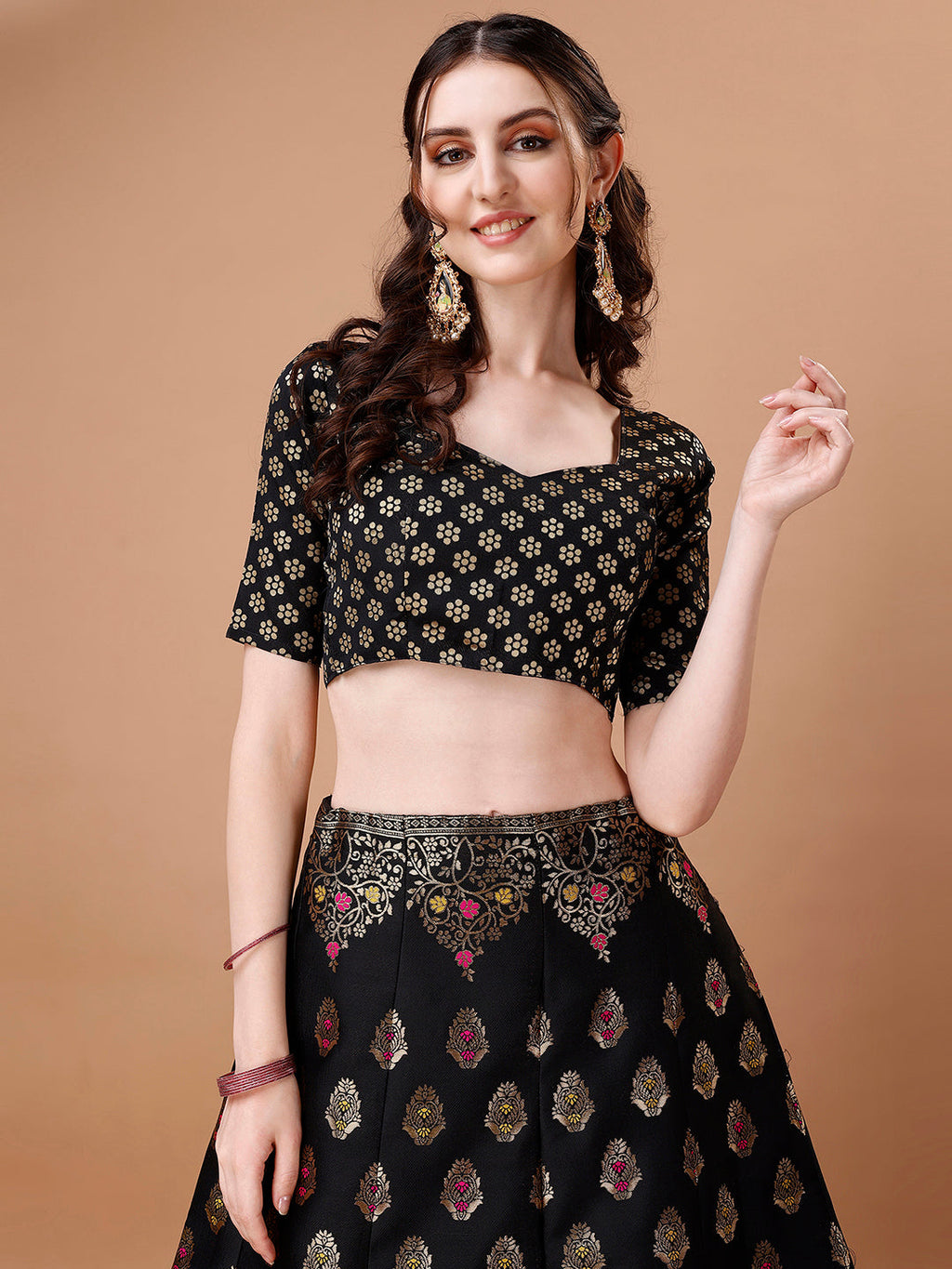 Lorenvalley Fashion Black & Pink Semi-Stitched Lehenga & Unstitched Blouse With Dupatta