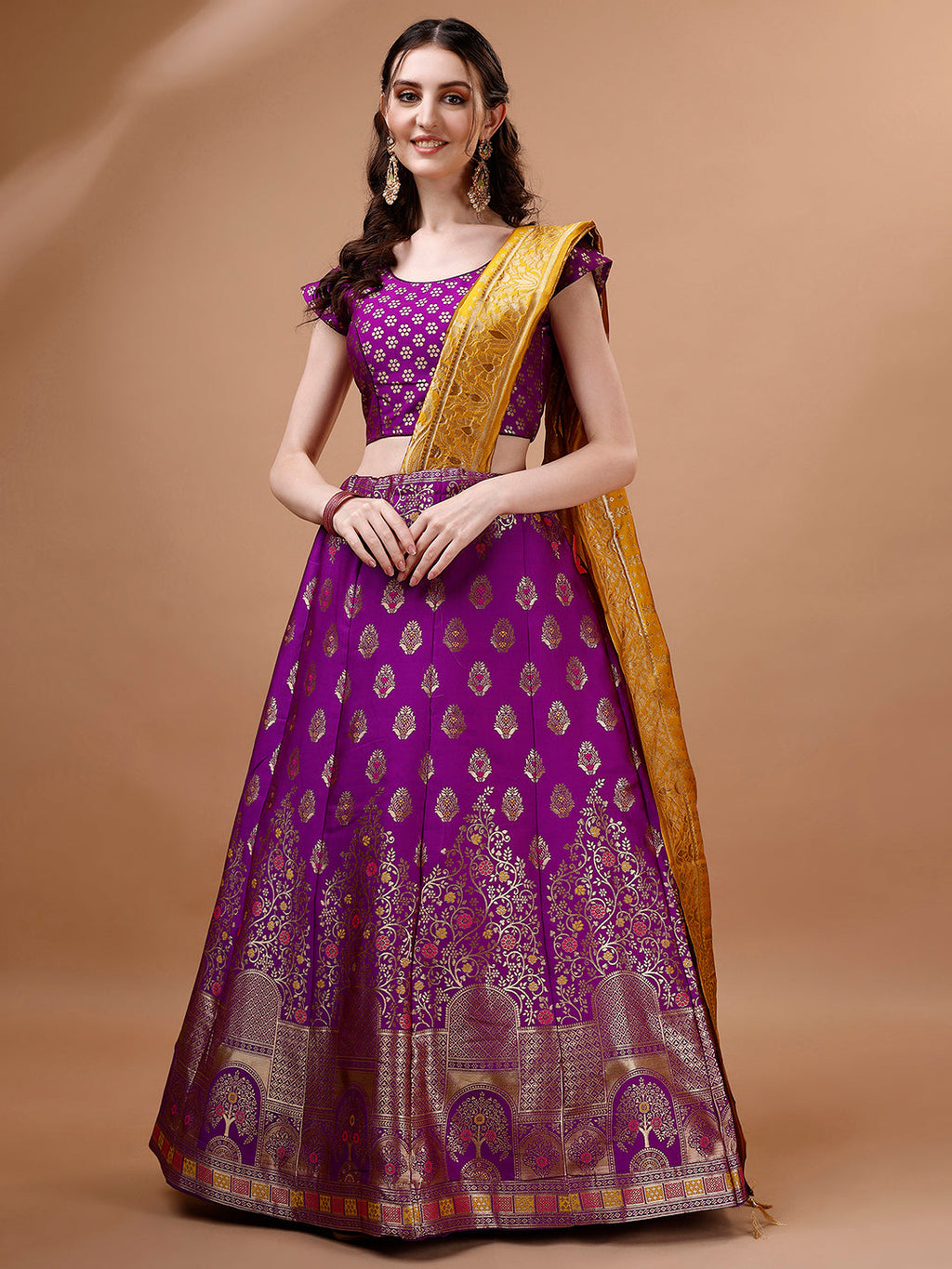 Lorenvalley Fashion Purple & Mustard Semi-Stitched Lehenga & Unstitched Blouse With Dupatta