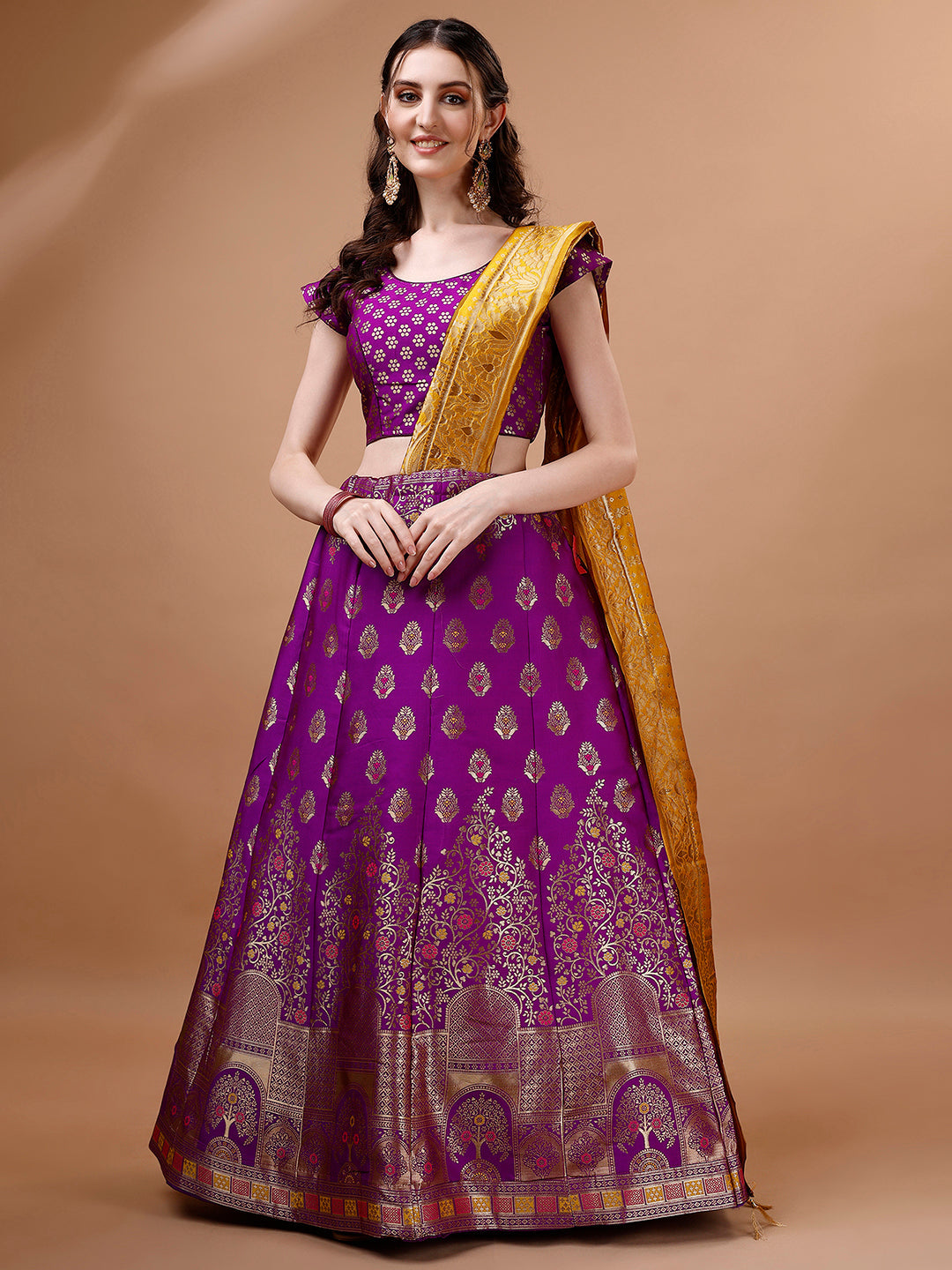 Lorenvalley Fashion Purple & Mustard Semi-Stitched Lehenga & Unstitched Blouse With Dupatta