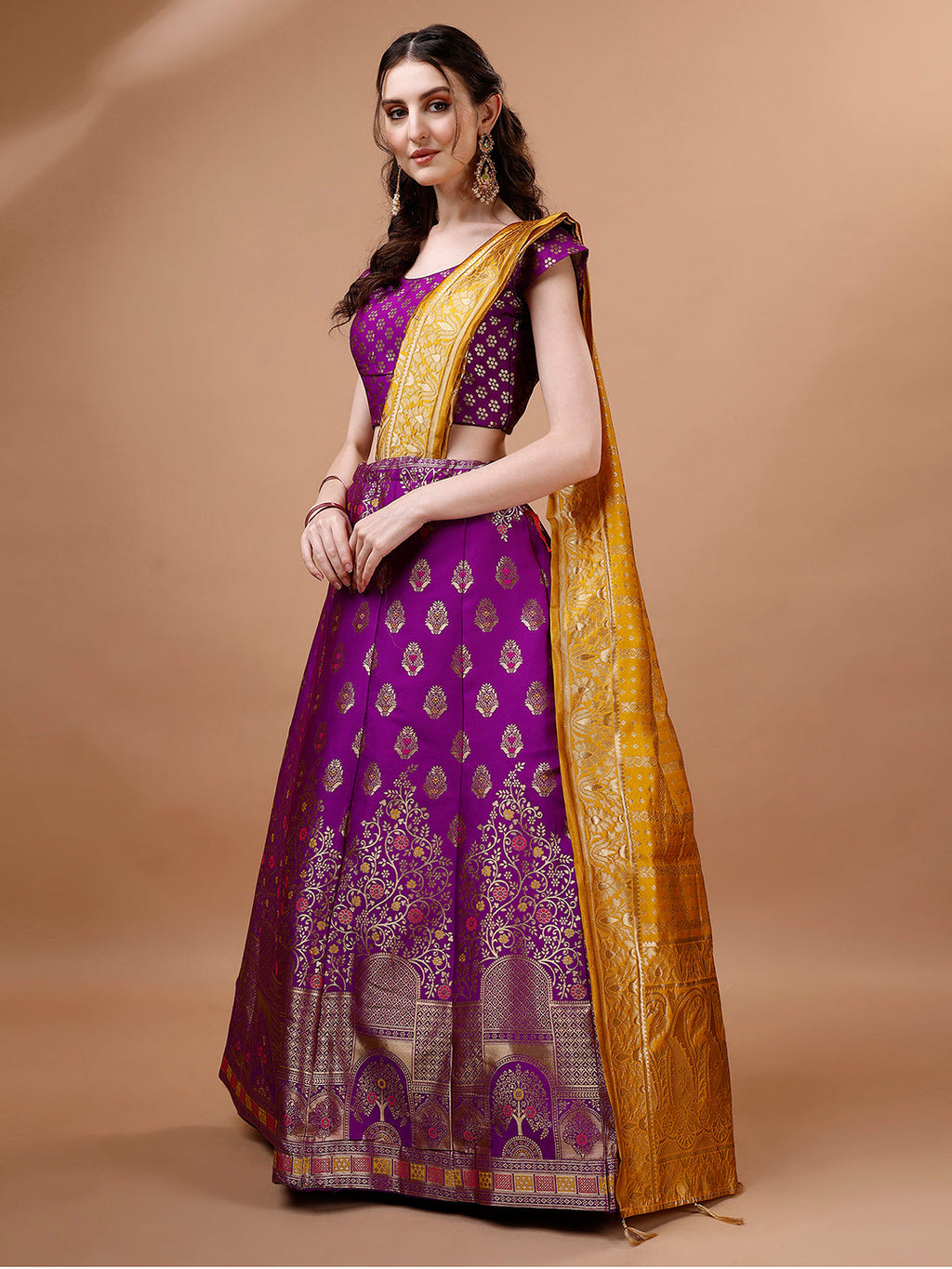 Lorenvalley Fashion Purple & Mustard Semi-Stitched Lehenga & Unstitched Blouse With Dupatta