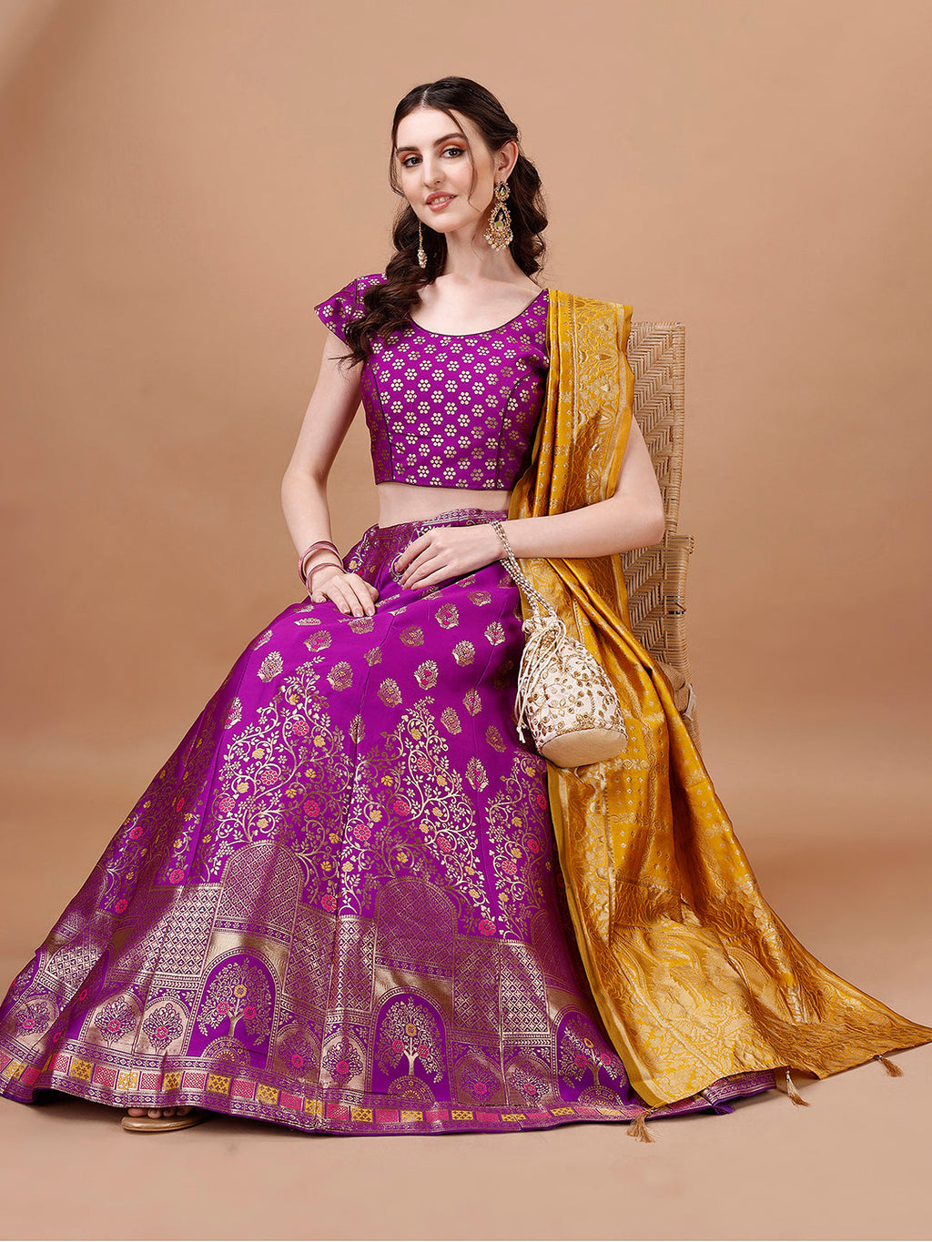 Lorenvalley Fashion Purple & Mustard Semi-Stitched Lehenga & Unstitched Blouse With Dupatta