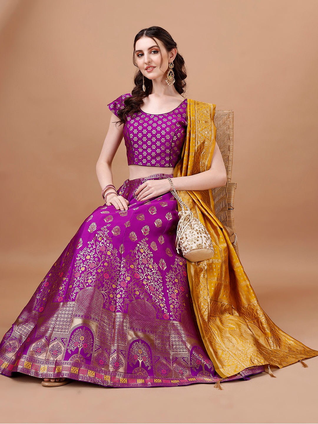 Lorenvalley Fashion Purple & Mustard Semi-Stitched Lehenga & Unstitched Blouse With Dupatta