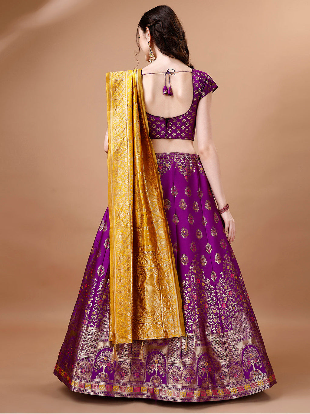 Lorenvalley Fashion Purple & Mustard Semi-Stitched Lehenga & Unstitched Blouse With Dupatta