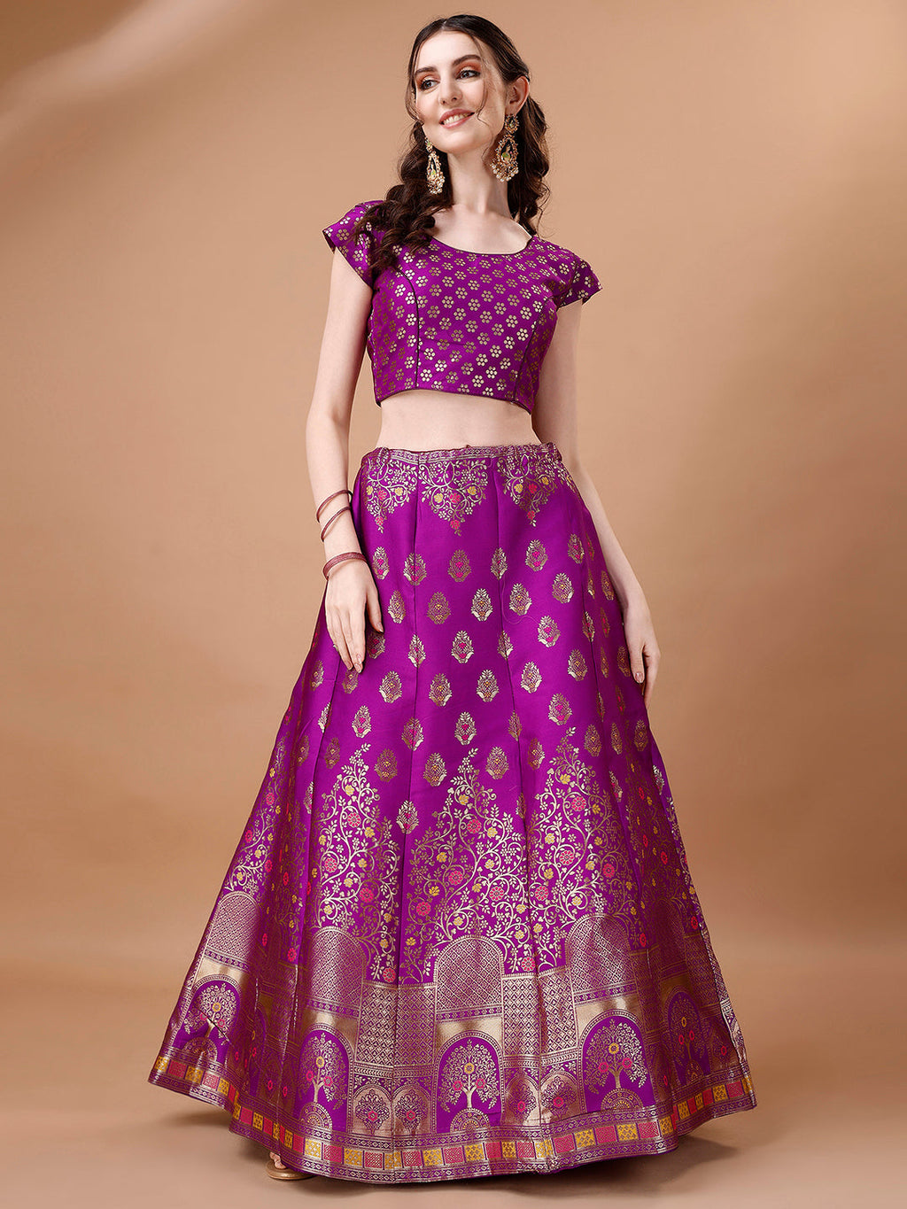 Lorenvalley Fashion Purple & Mustard Semi-Stitched Lehenga & Unstitched Blouse With Dupatta