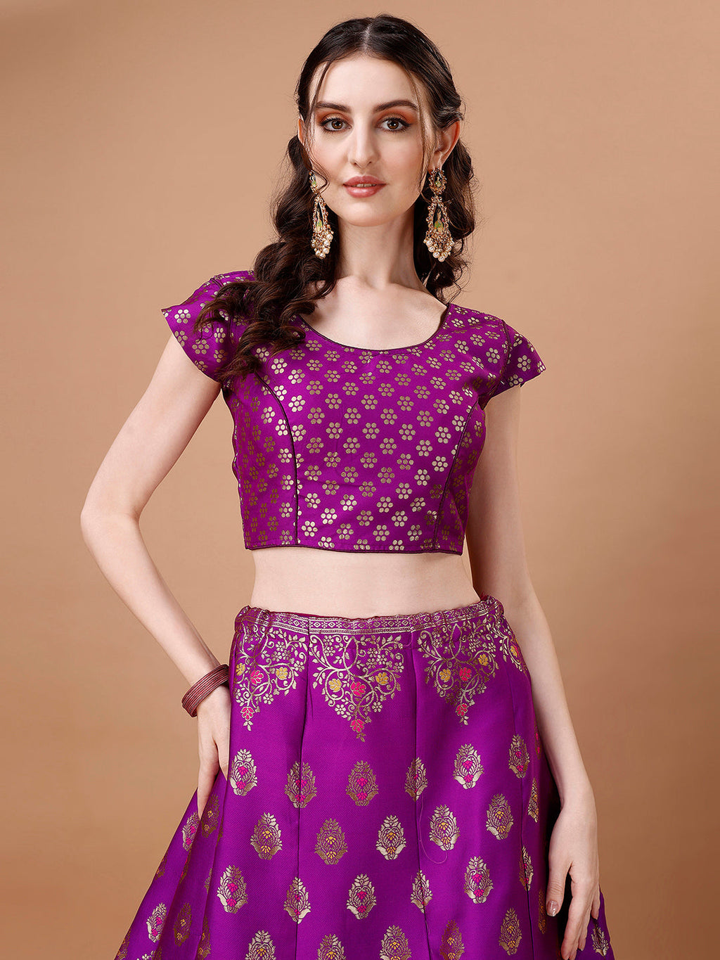 Lorenvalley Fashion Purple & Mustard Semi-Stitched Lehenga & Unstitched Blouse With Dupatta