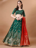 Lorenvalley Fashion Green & Red Semi-Stitched Lehenga & Unstitched Blouse With Dupatta