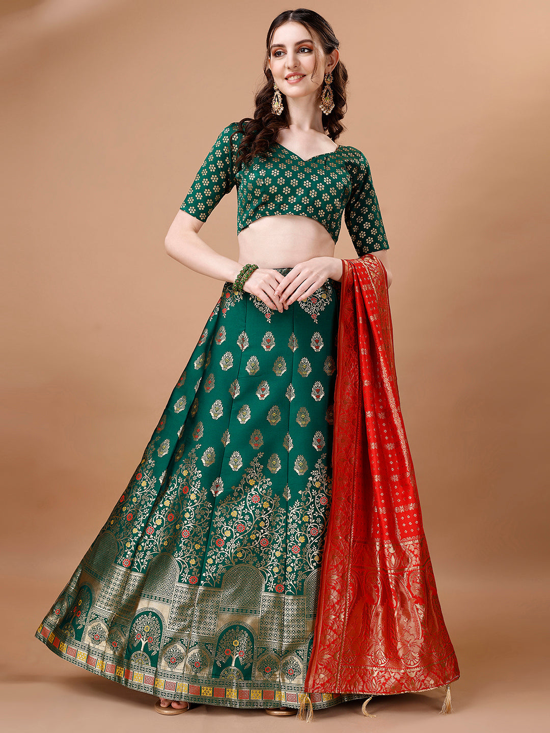 Lorenvalley Fashion Green & Red Semi-Stitched Lehenga & Unstitched Blouse With Dupatta