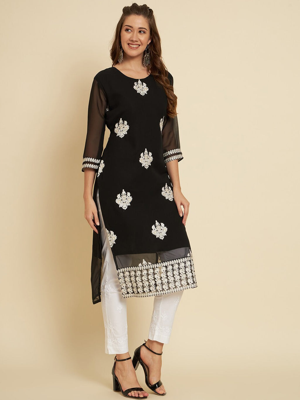 HERE&NOW Black & White Ethnic Motifs Chikankari Embroidered Georgette Kurta