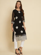 HERE&NOW Black & White Ethnic Motifs Chikankari Embroidered Georgette Kurta