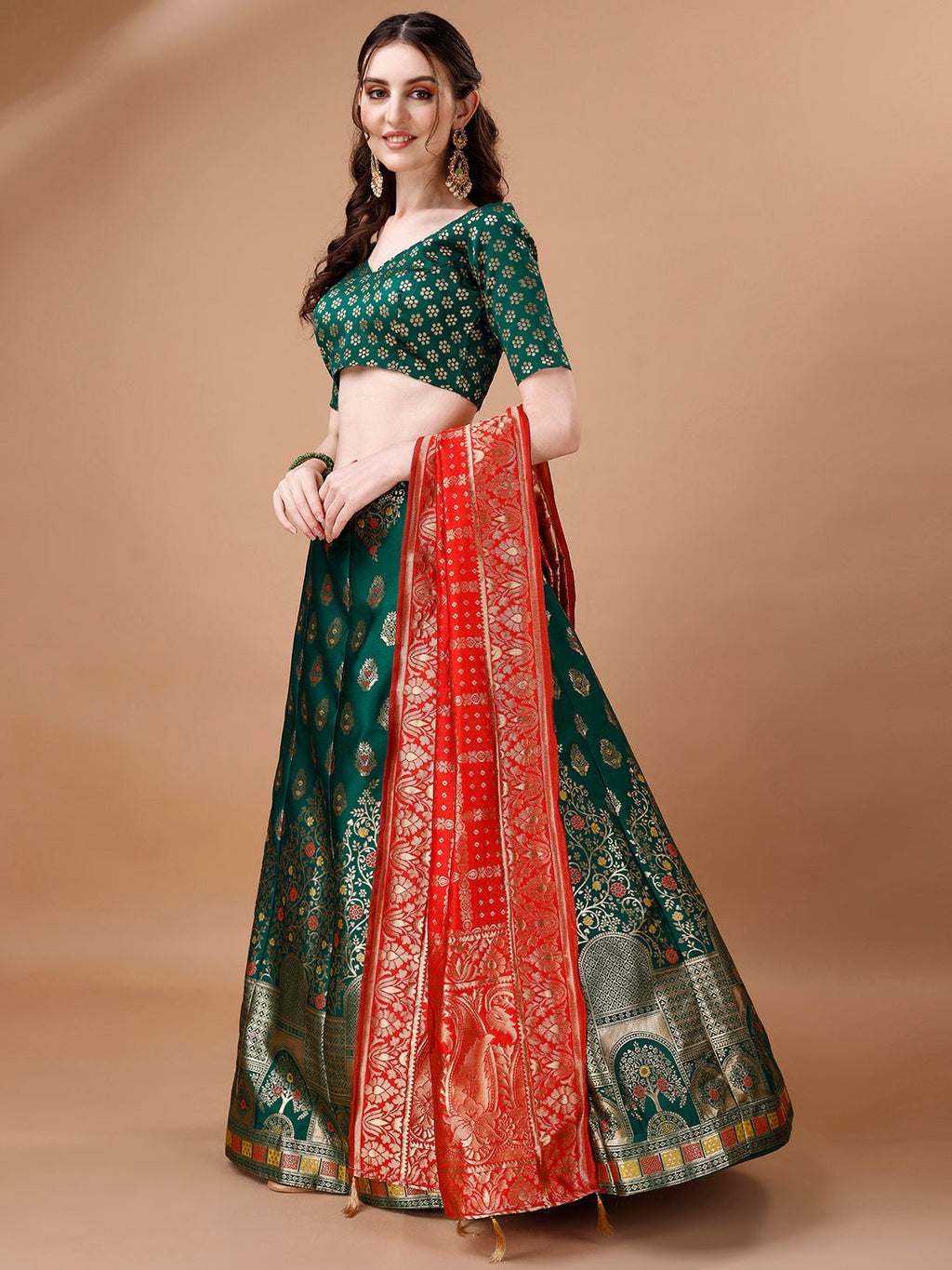 Lorenvalley Fashion Green & Red Semi-Stitched Lehenga & Unstitched Blouse With Dupatta