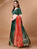 Lorenvalley Fashion Green & Red Semi-Stitched Lehenga & Unstitched Blouse With Dupatta
