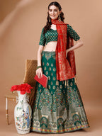 Lorenvalley Fashion Green & Red Semi-Stitched Lehenga & Unstitched Blouse With Dupatta