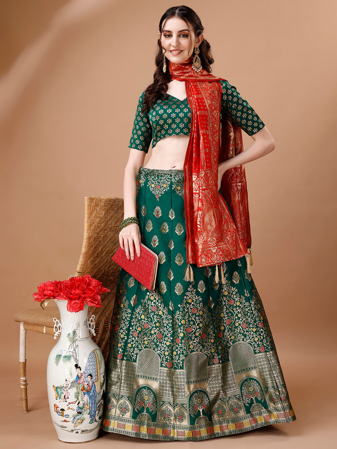 Lorenvalley Fashion Green & Red Semi-Stitched Lehenga & Unstitched Blouse With Dupatta