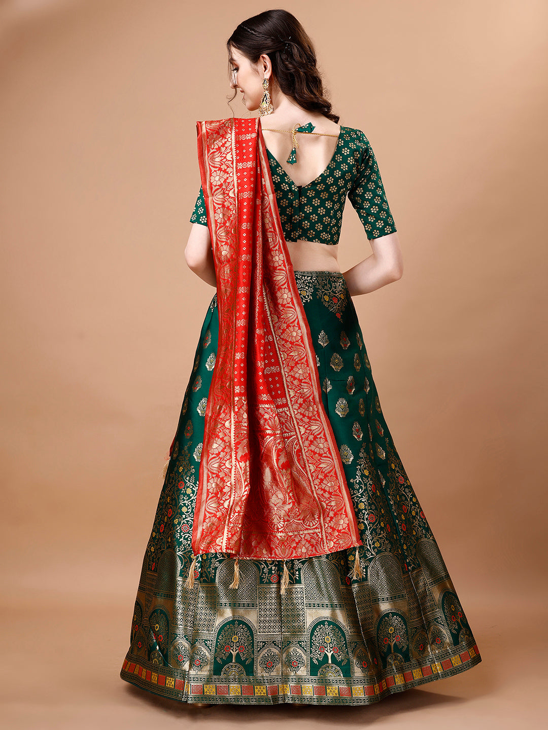 Lorenvalley Fashion Green & Red Semi-Stitched Lehenga & Unstitched Blouse With Dupatta