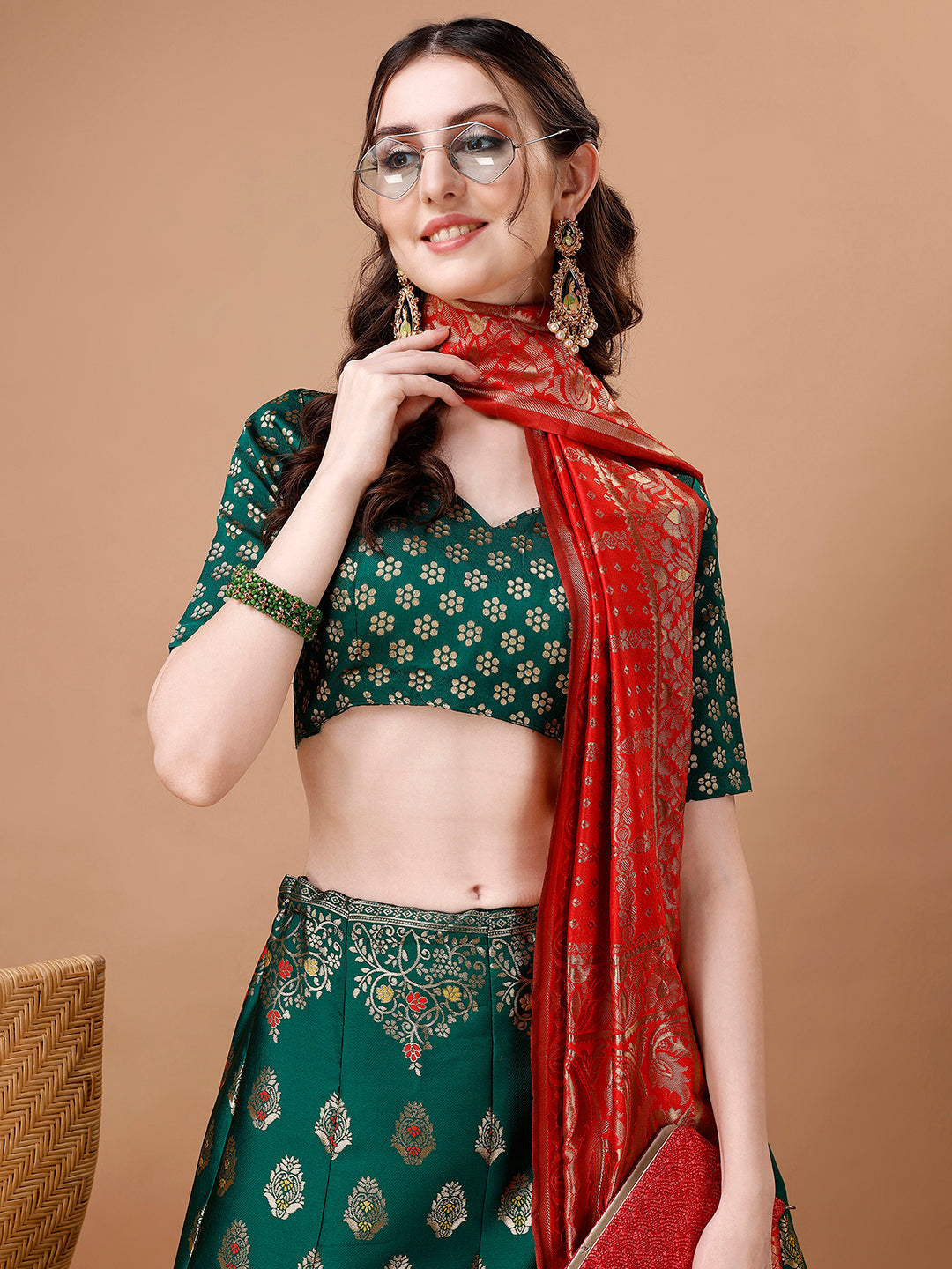 Lorenvalley Fashion Green & Red Semi-Stitched Lehenga & Unstitched Blouse With Dupatta