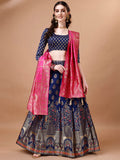 Lorenvalley Fashion Blue & Pink Semi-Stitched Lehenga & Unstitched Blouse With Dupatta