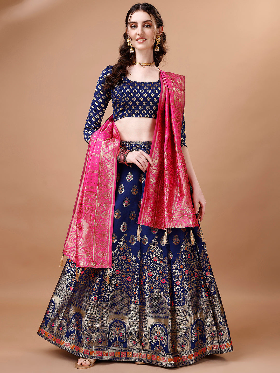 Lorenvalley Fashion Blue & Pink Semi-Stitched Lehenga & Unstitched Blouse With Dupatta