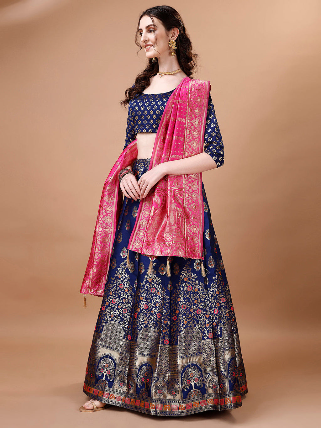 Lorenvalley Fashion Blue & Pink Semi-Stitched Lehenga & Unstitched Blouse With Dupatta