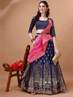 Lorenvalley Fashion Blue & Pink Semi-Stitched Lehenga & Unstitched Blouse With Dupatta