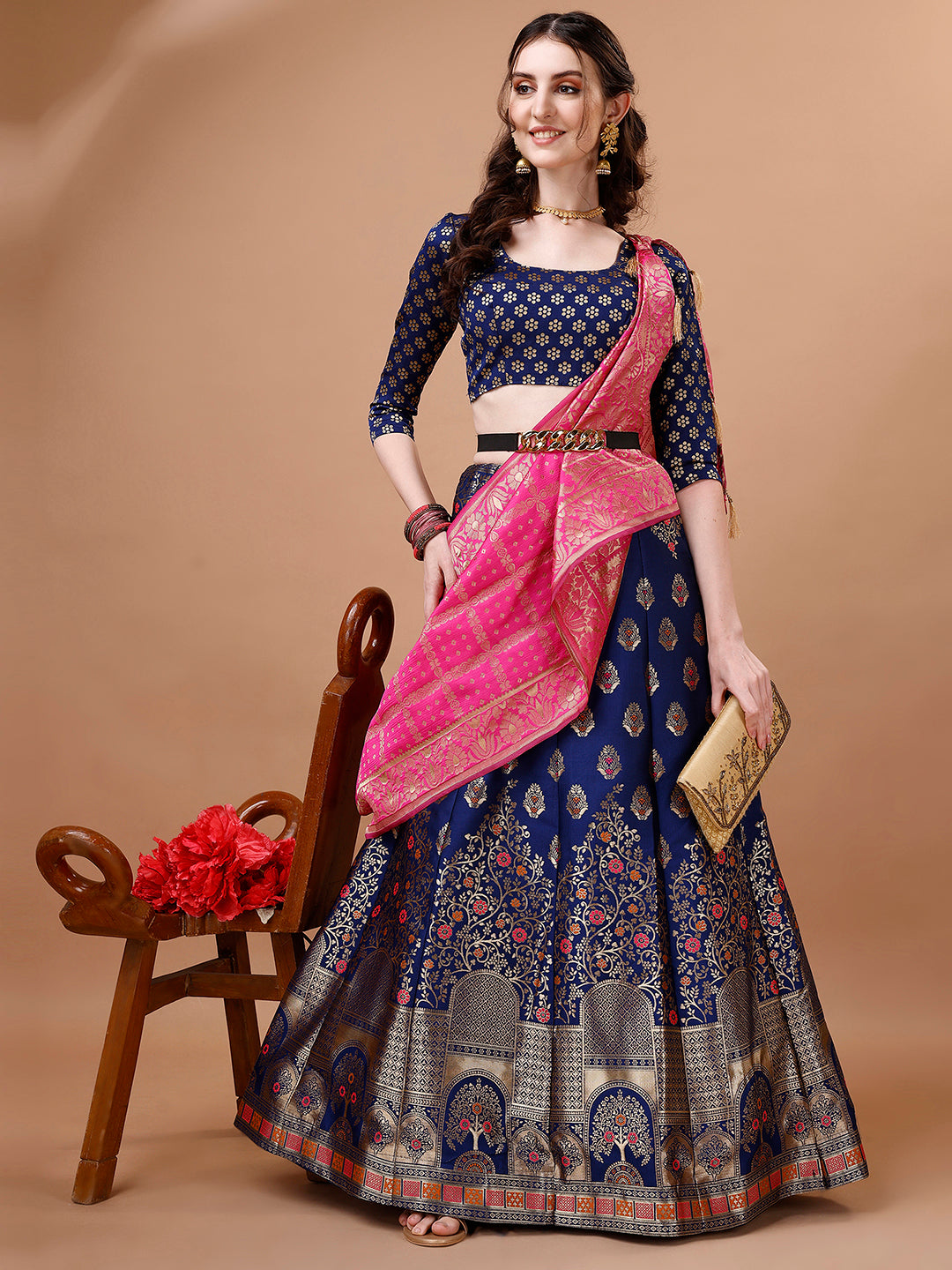 Lorenvalley Fashion Blue & Pink Semi-Stitched Lehenga & Unstitched Blouse With Dupatta