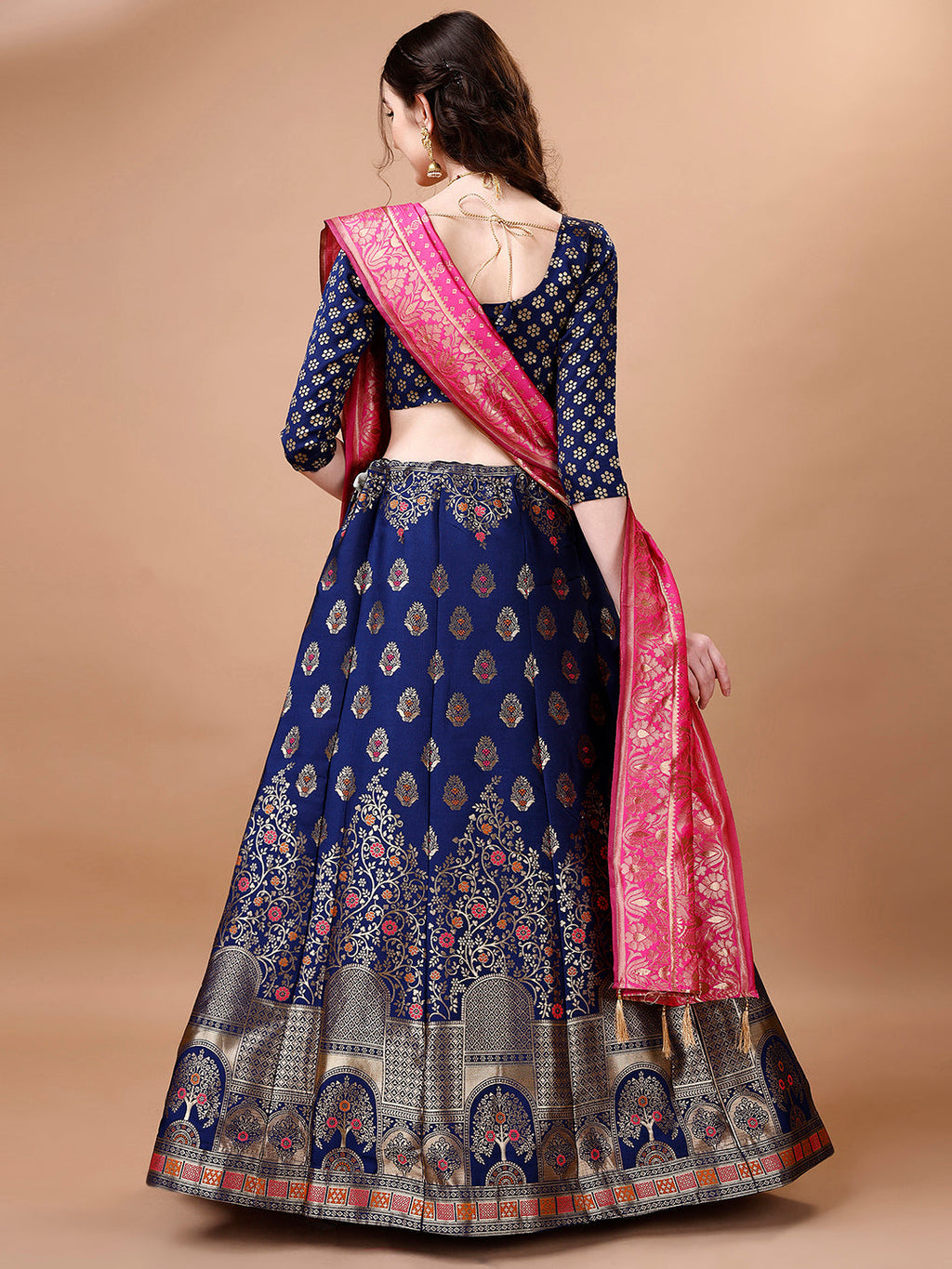 Lorenvalley Fashion Blue & Pink Semi-Stitched Lehenga & Unstitched Blouse With Dupatta