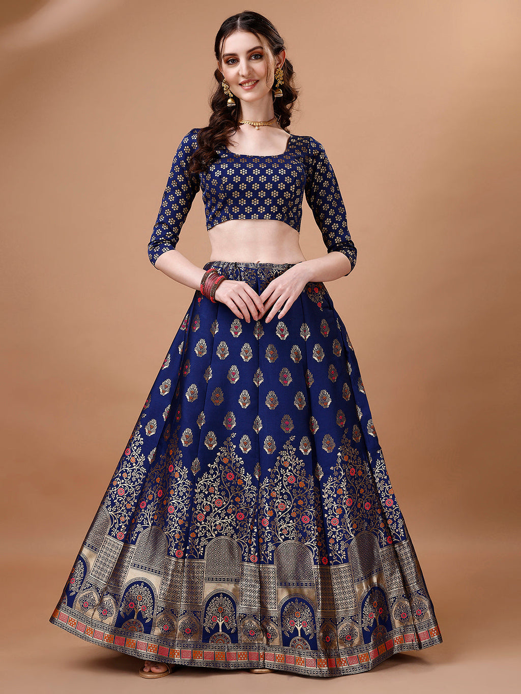Lorenvalley Fashion Blue & Pink Semi-Stitched Lehenga & Unstitched Blouse With Dupatta