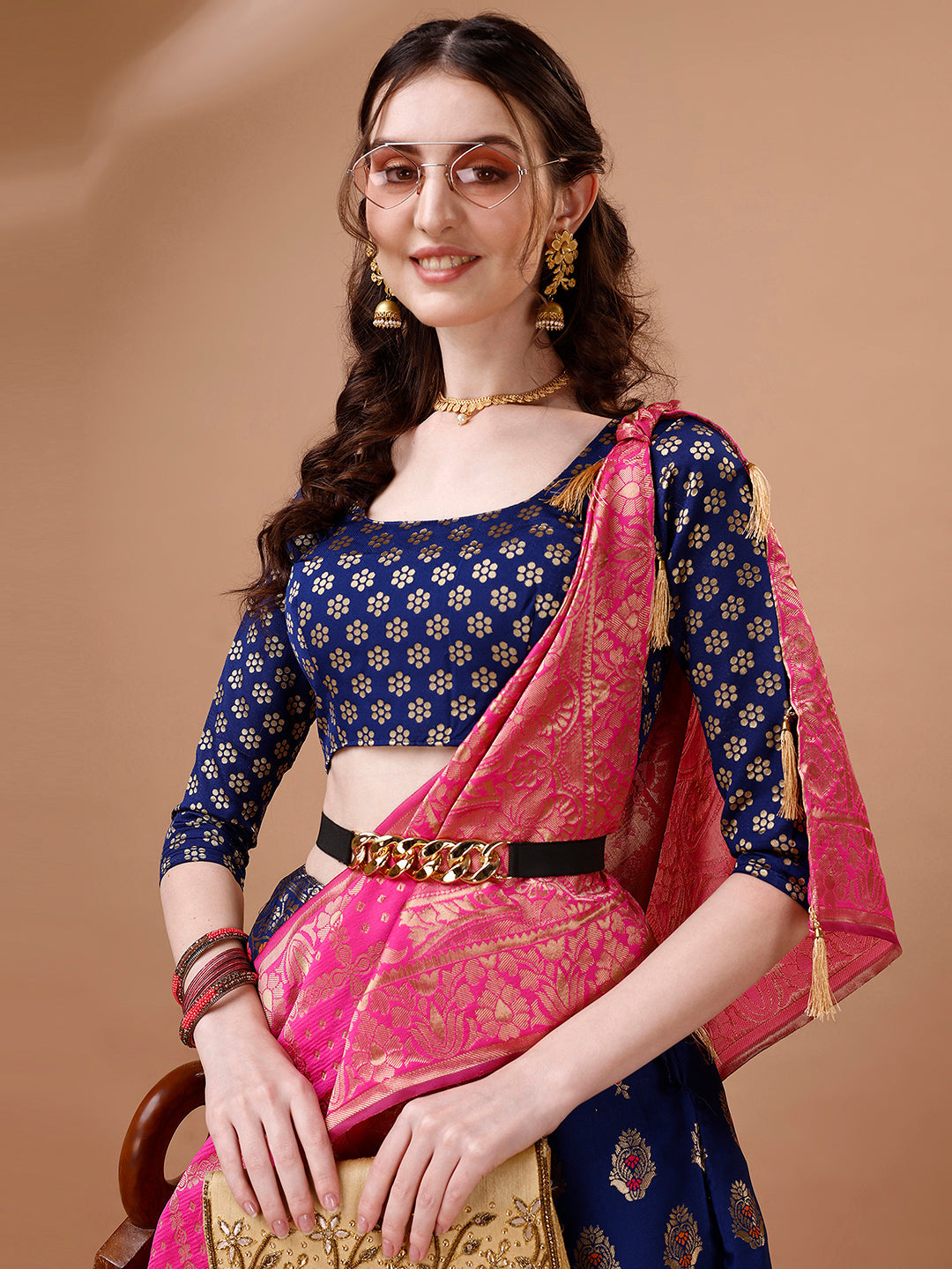 Lorenvalley Fashion Blue & Pink Semi-Stitched Lehenga & Unstitched Blouse With Dupatta