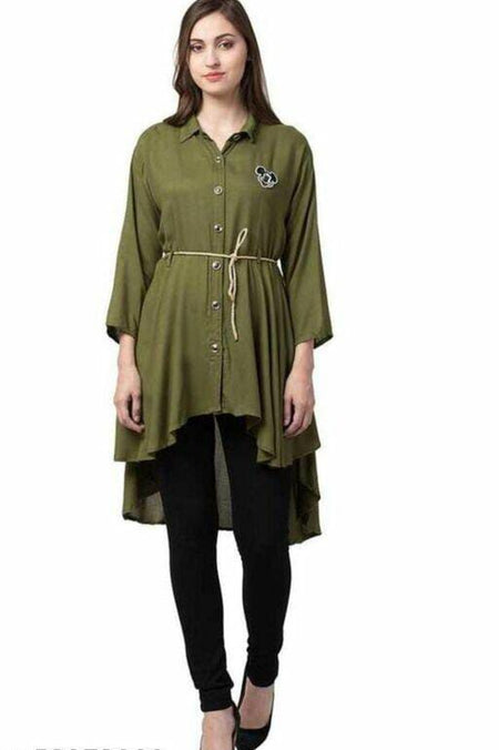 PAVONINE Mehandi Green Color High-Low Midi For Girls