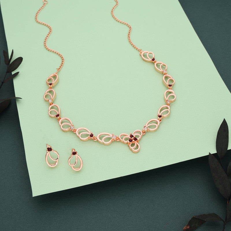 Tehzeeb Creationss Gold-Polished Choker Maroon Stone Necklace With Stud Earrings