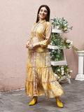 Mustard Crepe Foil Printed Long Dress - Michan - Distacart