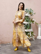 Mustard Crepe Foil Printed Long Dress - Michan - Distacart