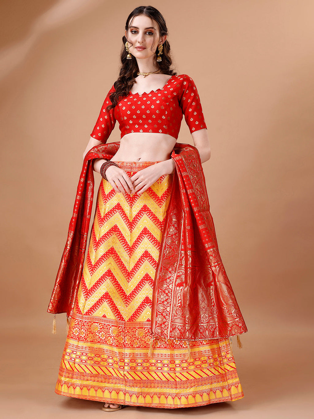 Lorenvalley Fashion Yellow & Red Semi-Stitched Lehenga & Unstitched Blouse With Dupatta
