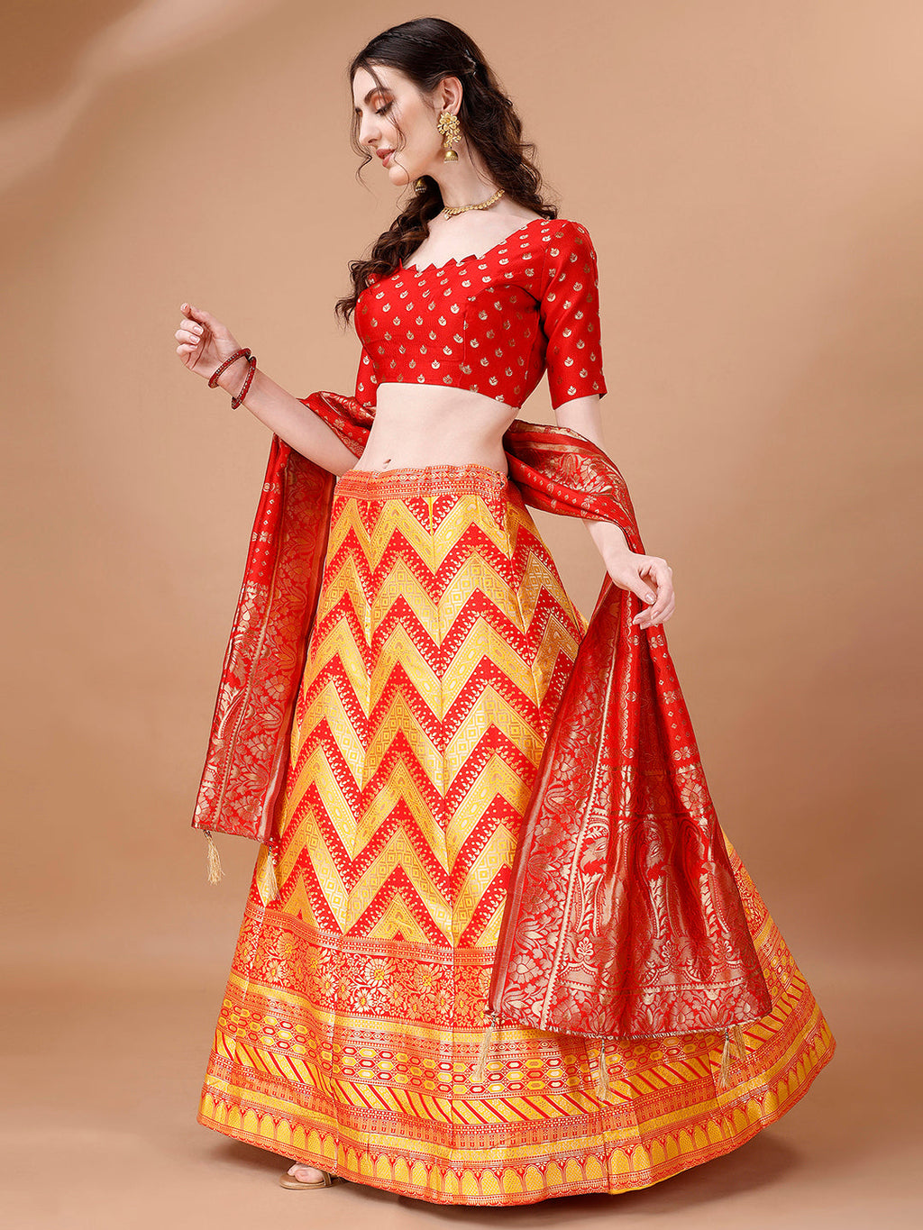 Lorenvalley Fashion Yellow & Red Semi-Stitched Lehenga & Unstitched Blouse With Dupatta