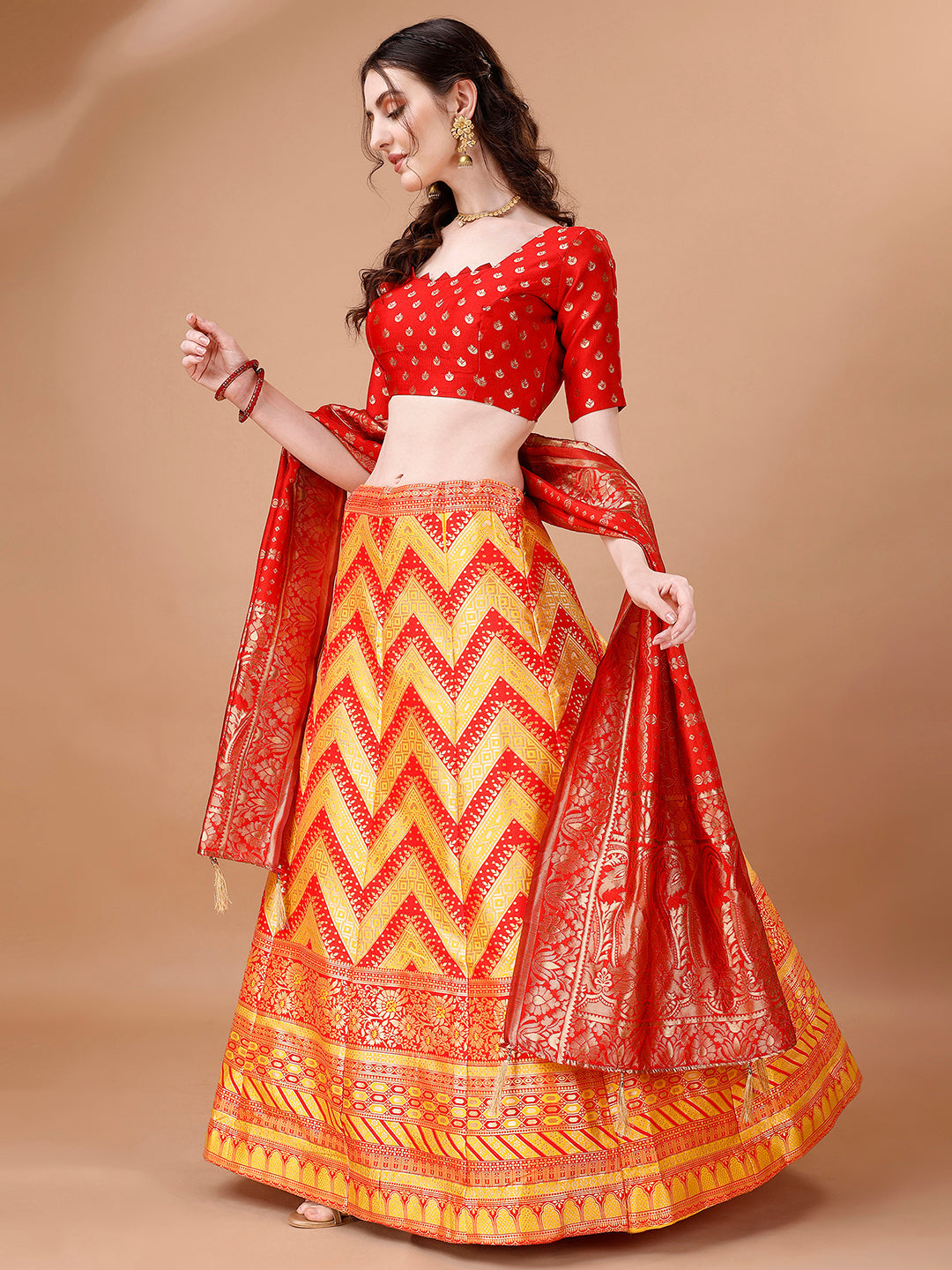 Lorenvalley Fashion Yellow & Red Semi-Stitched Lehenga & Unstitched Blouse With Dupatta
