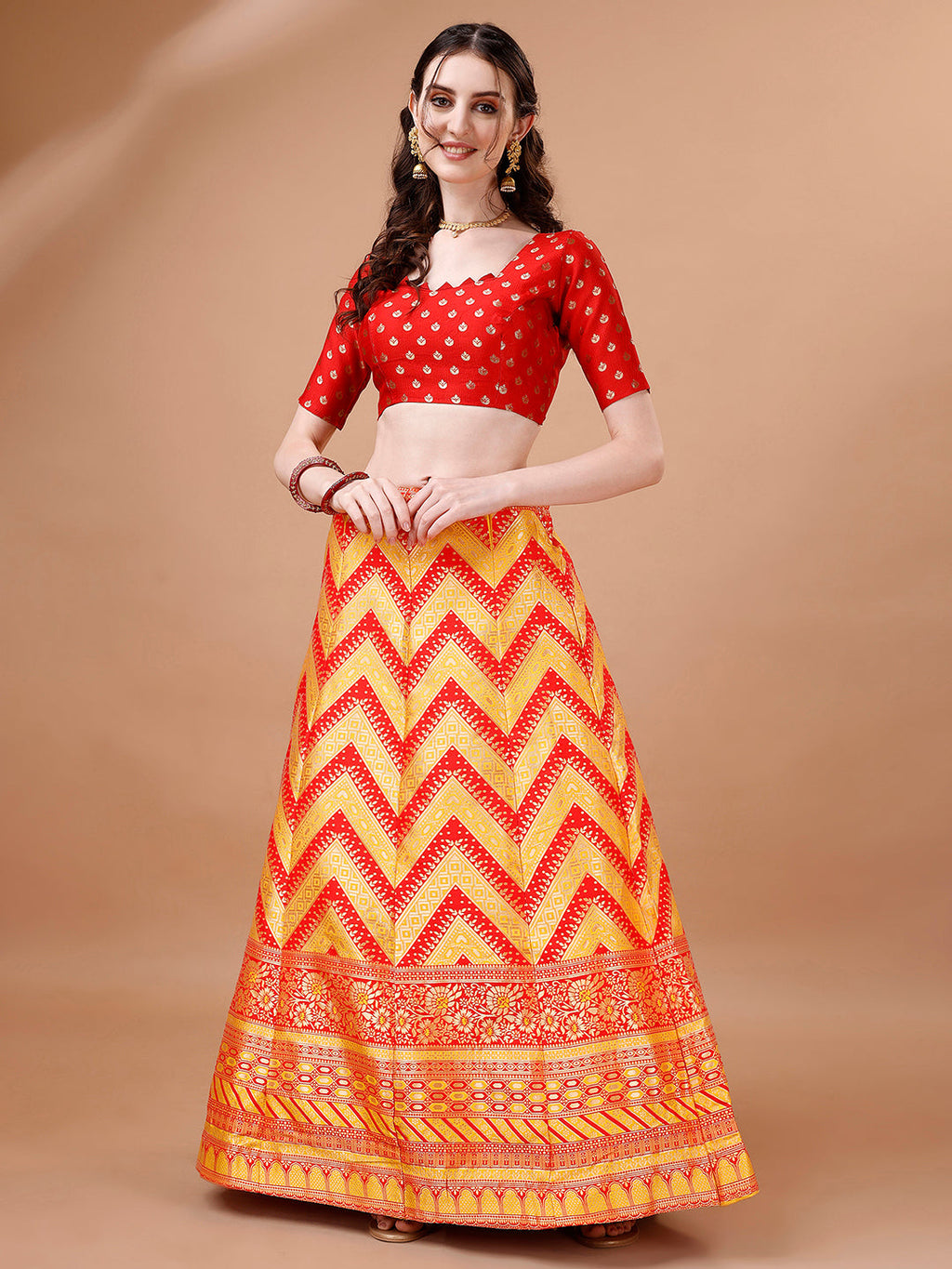 Lorenvalley Fashion Yellow & Red Semi-Stitched Lehenga & Unstitched Blouse With Dupatta