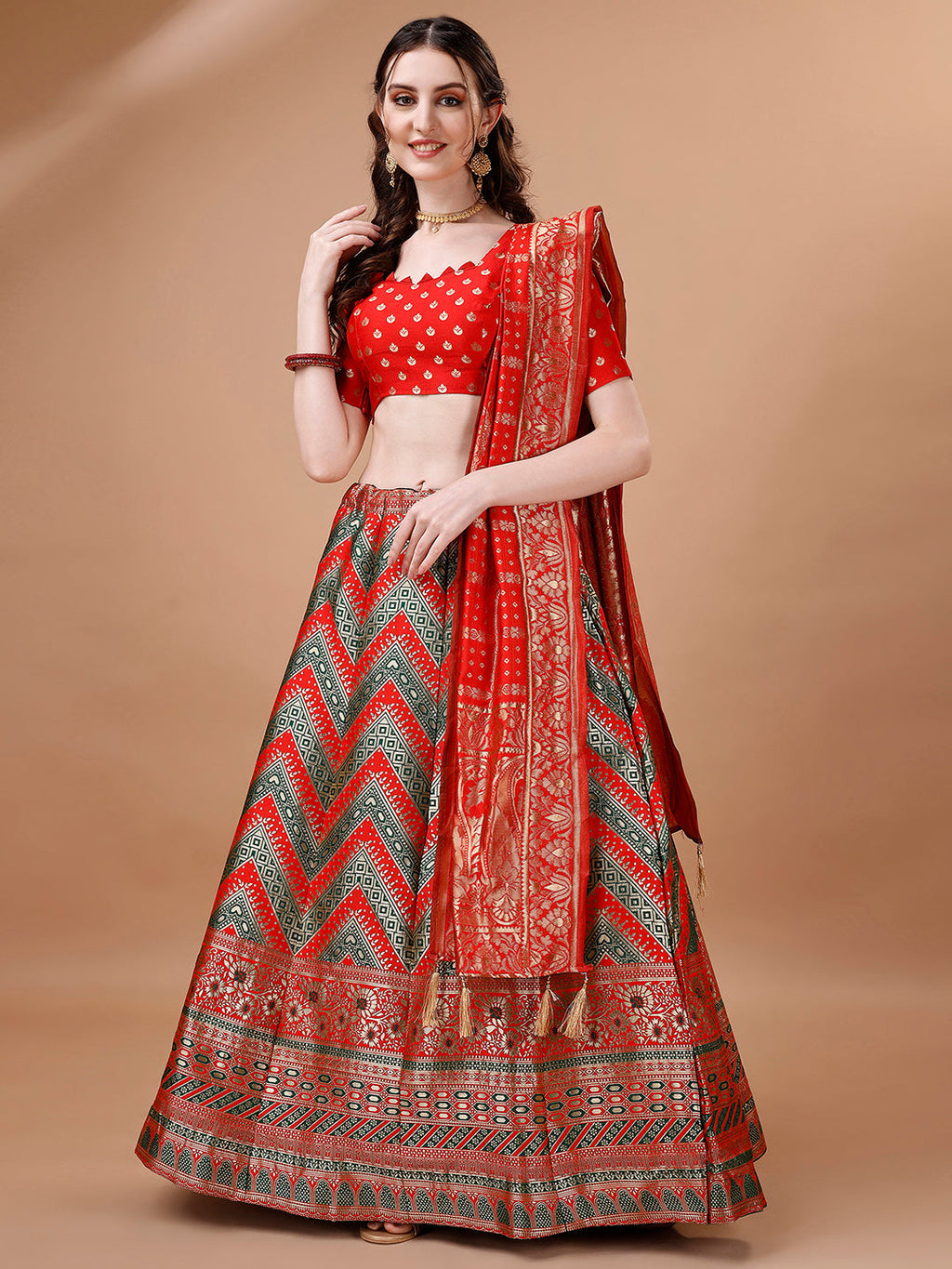 Lorenvalley Fashion Green & Red Semi-Stitched Lehenga & Unstitched Blouse With Dupatta