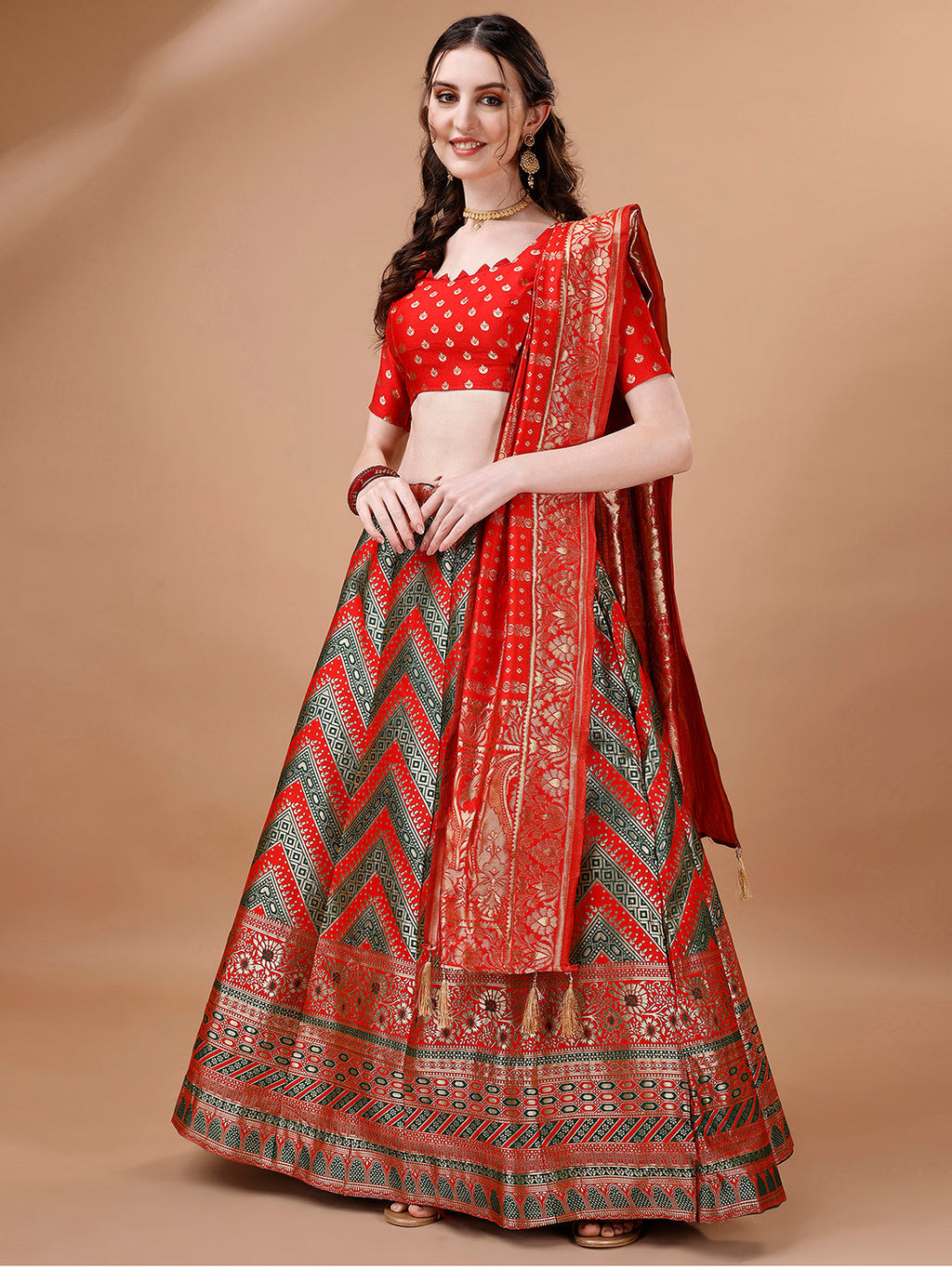 Lorenvalley Fashion Green & Red Semi-Stitched Lehenga & Unstitched Blouse With Dupatta