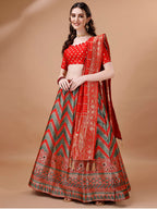 Lorenvalley Fashion Green & Red Semi-Stitched Lehenga & Unstitched Blouse With Dupatta